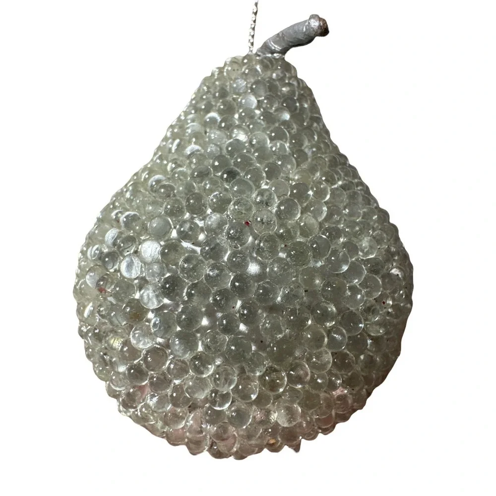 2 Vintage Beaded Pear Ornaments Clear Beads with Silver Christmas Holiday 2.5 in